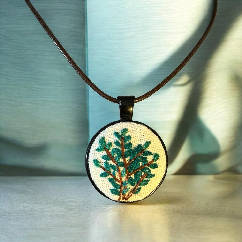 Tiny Embroidery Charm Necklace, Green Leafy Foliage in 25mm Black Bezel